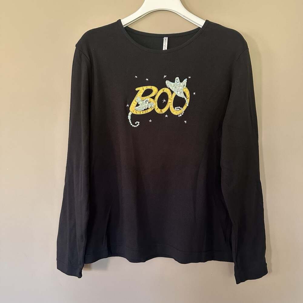 Halloween Top Cute Ghost Boo Long Sleeve Tshirt L Embellished Black Fun Festive